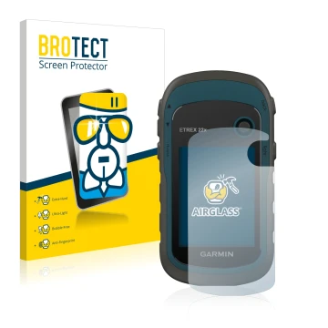 Face avant d’un emballage produit avec le logo de la marque BROTECT. À côté, l’appareil Garmin eTrex 22x est représenté avec l