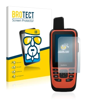 Face avant d’un emballage produit avec le logo de la marque BROTECT. À côté, l’appareil Garmin GPSMAP 86i est représenté avec 