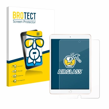 Face avant d’un emballage produit avec le logo de la marque BROTECT. À côté, l’appareil Apple iPad 10.2