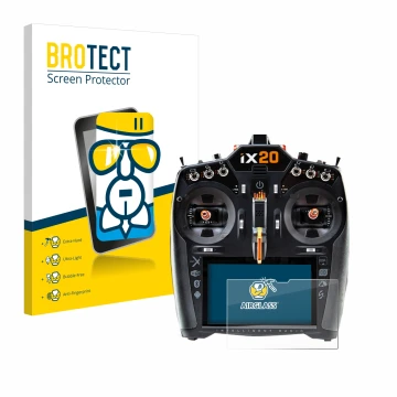 Face avant d’un emballage produit avec le logo de la marque BROTECT. À côté, l’appareil Spektrum iX20 est représenté avec la p