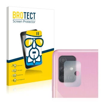 Face avant d’un emballage produit avec le logo de la marque BROTECT. À côté, l’appareil Samsung Galaxy A51 (Caméra UNIQUEMENT)