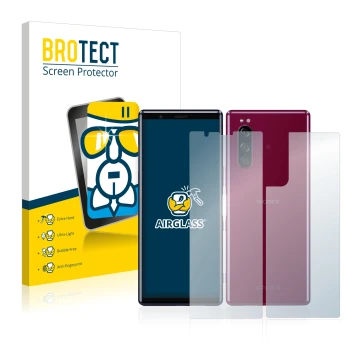 Face avant d’un emballage produit avec le logo de la marque BROTECT. À côté, l’appareil Sony Xperia 5 (Avant+Arrière) est repr