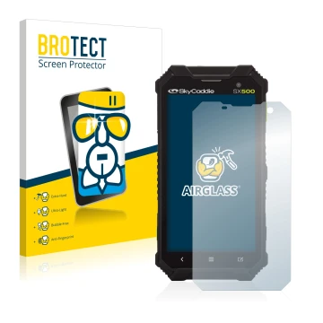 Face avant d’un emballage produit avec le logo de la marque BROTECT. À côté, l’appareil SkyCaddie SX500 est représenté avec la