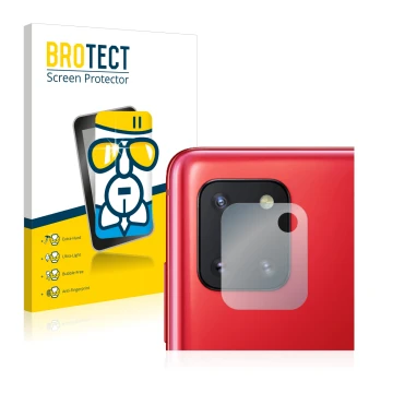 Face avant d’un emballage produit avec le logo de la marque BROTECT. À côté, l’appareil Samsung Galaxy Note 10 Lite (Caméra UN