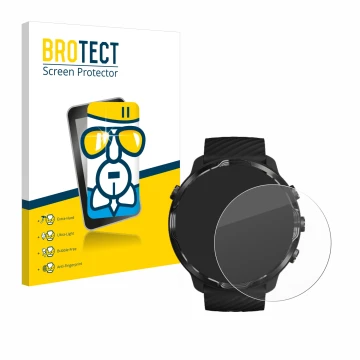 Face avant d’un emballage produit avec le logo de la marque BROTECT. À côté, l’appareil Suunto 7 est représenté avec la protec