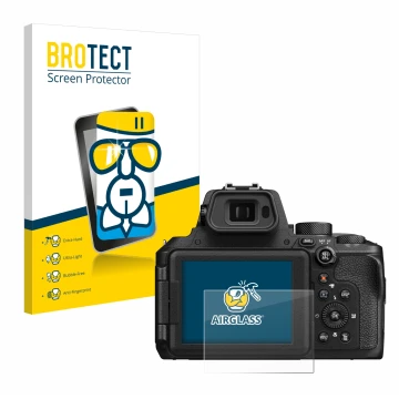 Face avant d’un emballage produit avec le logo de la marque BROTECT. À côté, l’appareil Nikon Coolpix P950 est représenté avec