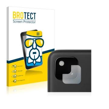 Face avant d’un emballage produit avec le logo de la marque BROTECT. À côté, l’appareil Google Pixel 4a (Caméra UNIQUEMENT) es