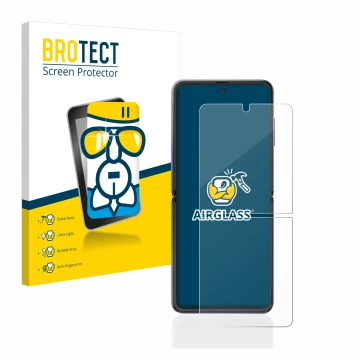 Face avant d’un emballage produit avec le logo de la marque BROTECT. À côté, l’appareil Samsung Galaxy Z Flip est représenté a