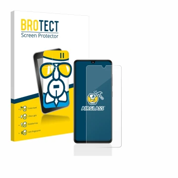 Face avant d’un emballage produit avec le logo de la marque BROTECT. À côté, l’appareil Samsung Galaxy A41 est représenté avec