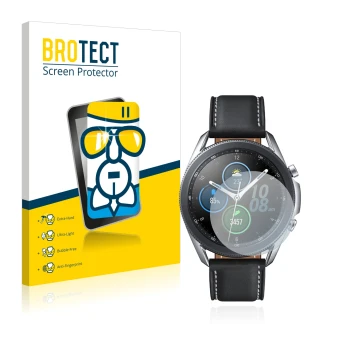 Face avant d’un emballage produit avec le logo de la marque BROTECT. À côté, l’appareil Samsung Galaxy Watch 3 (41mm) est repr