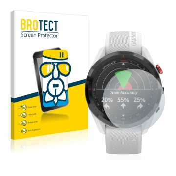 Face avant d’un emballage produit avec le logo de la marque BROTECT. À côté, l’appareil Garmin Approach S62 est représenté ave