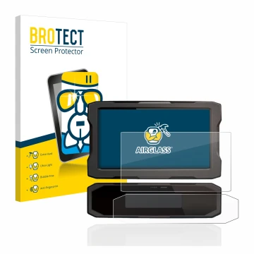 Face avant d’un emballage produit avec le logo de la marque BROTECT. À côté, l’appareil Honda CRF1100L 2020 Affichage de la vi