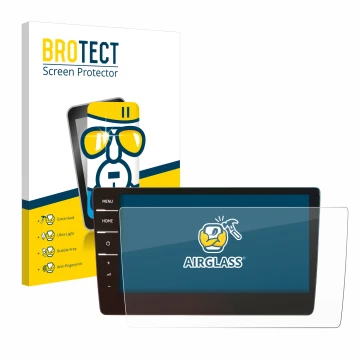 Face avant d’un emballage produit avec le logo de la marque BROTECT. À côté, l’appareil Volkswagen Touran 2019 Discover Pro 9.