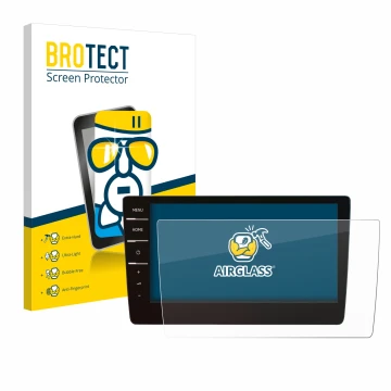 Face avant d’un emballage produit avec le logo de la marque BROTECT. À côté, l’appareil Volkswagen Passat 2019 Discover Pro 9.