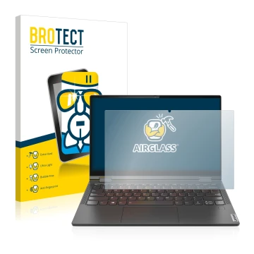 Face avant d’un emballage produit avec le logo de la marque BROTECT. À côté, l’appareil Lenovo Yoga C640 est représenté avec l