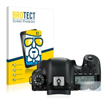 Face avant d’un emballage produit avec le logo de la marque BROTECT. À côté, l’appareil Canon EOS 6D (affichage des épaules) e