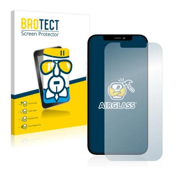 Face avant d’un emballage produit avec le logo de la marque BROTECT. À côté, l’appareil Apple iPhone 12 Pro Max est représenté