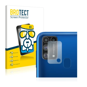 Face avant d’un emballage produit avec le logo de la marque BROTECT. À côté, l’appareil Samsung Galaxy M31 (Caméra UNIQUEMENT)
