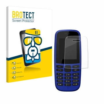 Face avant d’un emballage produit avec le logo de la marque BROTECT. À côté, l’appareil Nokia 105 DS 2019 est représenté avec 