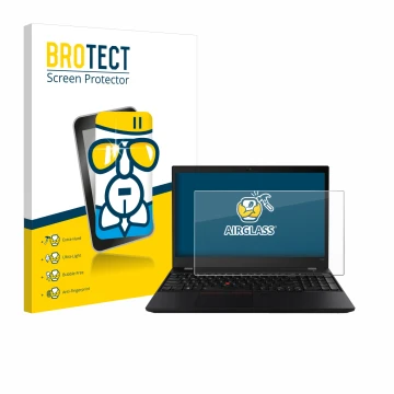Face avant d’un emballage produit avec le logo de la marque BROTECT. À côté, l’appareil Lenovo ThinkPad T590 Non-Touch est rep