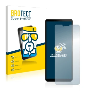 Face avant d’un emballage produit avec le logo de la marque BROTECT. À côté, l’appareil Sony Xperia 10 II est représenté avec 