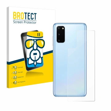 Face avant d’un emballage produit avec le logo de la marque BROTECT. À côté, l’appareil Samsung Galaxy S20 5G (Arrière) est re