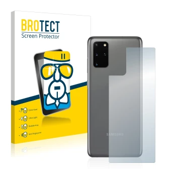 Face avant d’un emballage produit avec le logo de la marque BROTECT. À côté, l’appareil Samsung Galaxy S20 Plus 5G (Arrière) e