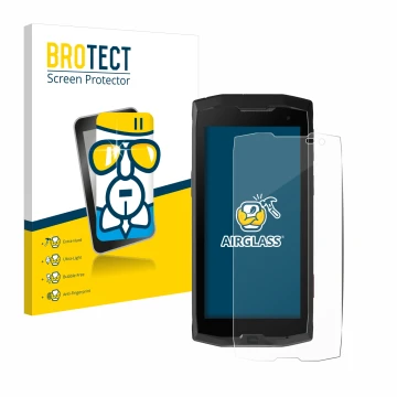 Face avant d’un emballage produit avec le logo de la marque BROTECT. À côté, l’appareil Crosscall Core M4 est représenté avec 