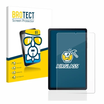Face avant d’un emballage produit avec le logo de la marque BROTECT. À côté, l’appareil Samsung Galaxy Tab S6 Lite LTE 2020 es