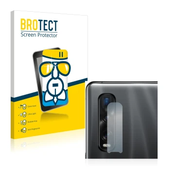 Face avant d’un emballage produit avec le logo de la marque BROTECT. À côté, l’appareil Oppo Find X2 Pro (Caméra UNIQUEMENT) e