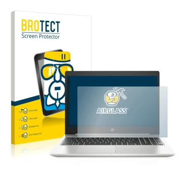 Face avant d’un emballage produit avec le logo de la marque BROTECT. À côté, l’appareil HP ProBook 450 G6 est représenté avec 