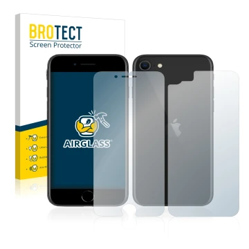 Face avant d’un emballage produit avec le logo de la marque BROTECT. À côté, l’appareil Apple iPhone SE 2 2020 (Avant+Arrière)