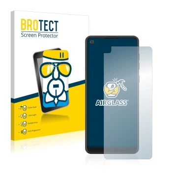 Face avant d’un emballage produit avec le logo de la marque BROTECT. À côté, l’appareil Samsung Galaxy A21 est représenté avec