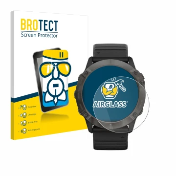 Face avant d’un emballage produit avec le logo de la marque BROTECT. À côté, l’appareil Garmin Fenix 6X Pro Solar est représen