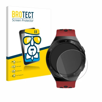 Face avant d’un emballage produit avec le logo de la marque BROTECT. À côté, l’appareil Huawei Watch GT 2e est représenté avec