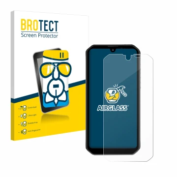 Face avant d’un emballage produit avec le logo de la marque BROTECT. À côté, l’appareil Blackview BV9900 Pro est représenté av