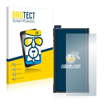 Face avant d’un emballage produit avec le logo de la marque BROTECT. À côté, l’appareil FiiO M15 est représenté avec la protec