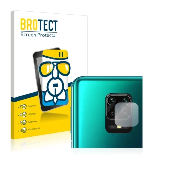 Face avant d’un emballage produit avec le logo de la marque BROTECT. À côté, l’appareil Xiaomi Redmi Note 9S (Caméra UNIQUEMEN