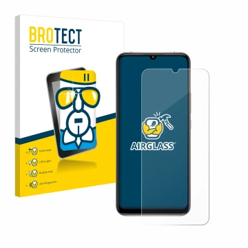 Face avant d’un emballage produit avec le logo de la marque BROTECT. À côté, l’appareil Xiaomi Mi 10 Lite est représenté avec 