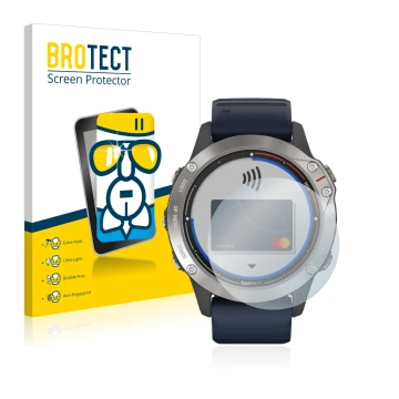 Face avant d’un emballage produit avec le logo de la marque BROTECT. À côté, l’appareil Garmin quatix 6 est représenté avec la
