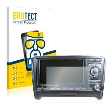 Face avant d’un emballage produit avec le logo de la marque BROTECT. À côté, l’appareil Audi A3 8P 2004-2012 RNS-E est représe