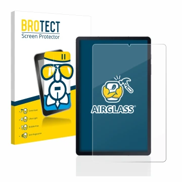 Face avant d’un emballage produit avec le logo de la marque BROTECT. À côté, l’appareil Samsung Galaxy Tab S6 Lite WiFi 2020 e