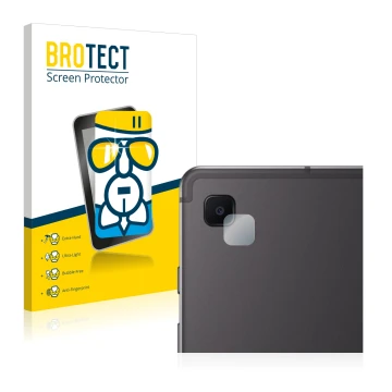 Face avant d’un emballage produit avec le logo de la marque BROTECT. À côté, l’appareil Samsung Galaxy Tab S6 Lite 2020 (Camér