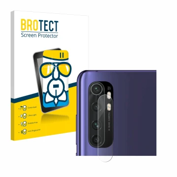 Face avant d’un emballage produit avec le logo de la marque BROTECT. À côté, l’appareil Xiaomi Mi Note 10 Lite (Caméra UNIQUEM