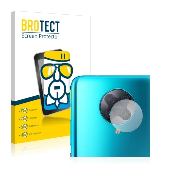 Face avant d’un emballage produit avec le logo de la marque BROTECT. À côté, l’appareil Xiaomi Poco F2 Pro (Caméra UNIQUEMENT)