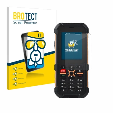 Face avant d’un emballage produit avec le logo de la marque BROTECT. À côté, l’appareil RugGear RG170 est représenté avec la p