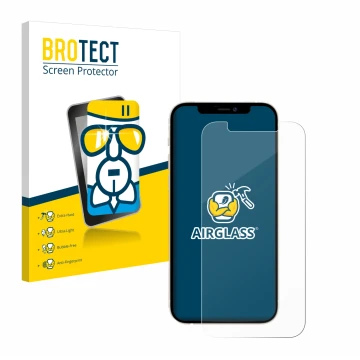 Face avant d’un emballage produit avec le logo de la marque BROTECT. À côté, l’appareil Apple iPhone 12 est représenté avec la