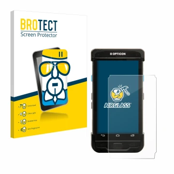 Face avant d’un emballage produit avec le logo de la marque BROTECT. À côté, l’appareil Opticon H-31 est représenté avec la pr