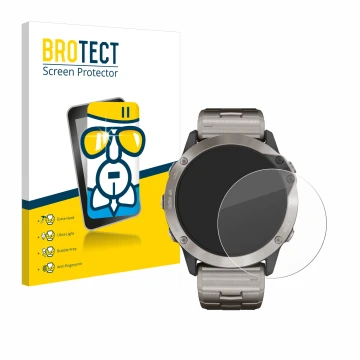 Face avant d’un emballage produit avec le logo de la marque BROTECT. À côté, l’appareil Garmin quatix 6x Solar est représenté 