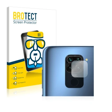 Face avant d’un emballage produit avec le logo de la marque BROTECT. À côté, l’appareil Xiaomi Redmi Note 9 (Caméra UNIQUEMENT